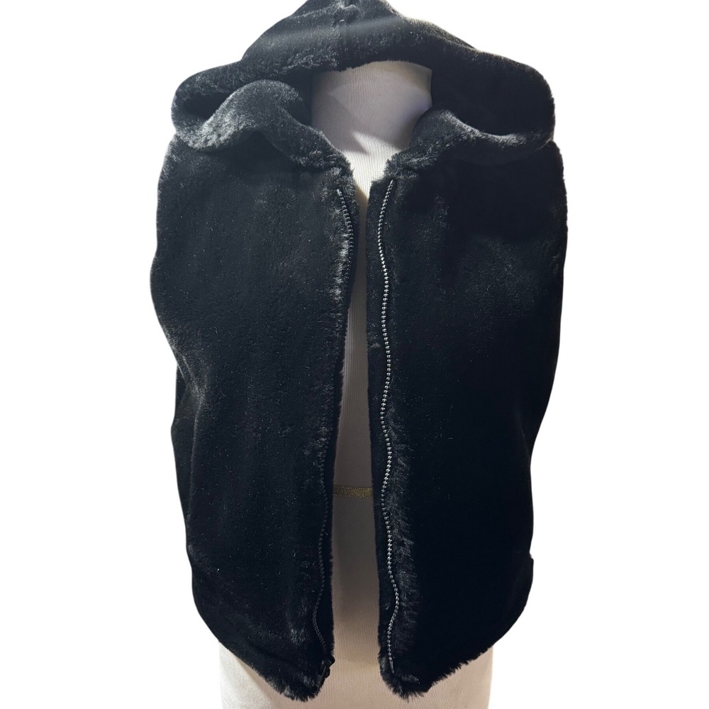 VTG Marvin Richards Faux Fur Hooded Vest Womens Medium Black Vintage Zip ‎ USA